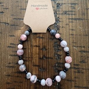 Handmade Pink and Black Beaded Bracelet